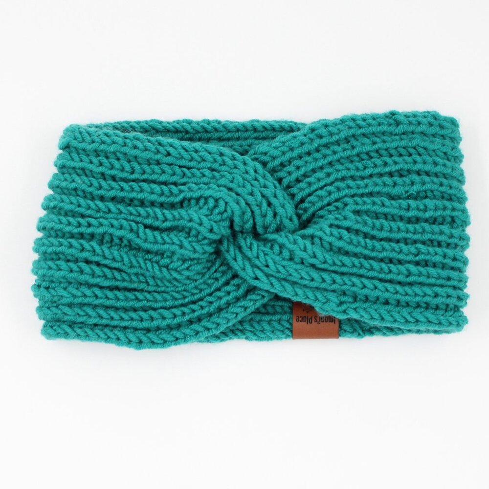 Handmade Knit Caribbean Blue Green English Rib Merino Wool Ear Warmer Headband